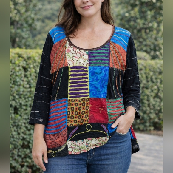 Rising International Tops - Rising International XL Patchwork Tunic Top Multicolor Scoop Neck Blouse